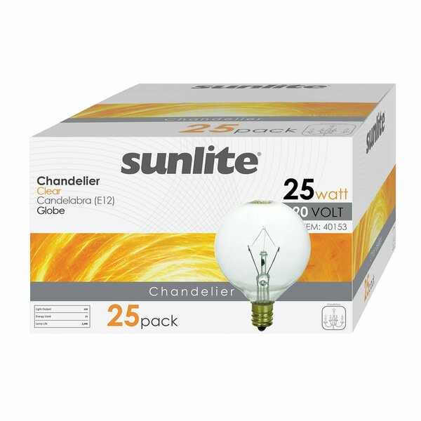 Sunlite G16;5 Globe Bulbs, 25W, Candelabra Base E12, 120V, Clear, Incandescent, Dimmable, 2600K, 12PK 40153-SU